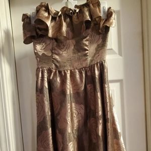 John Richard sz 5/6, deep gold or bronze floral w/ black background dress